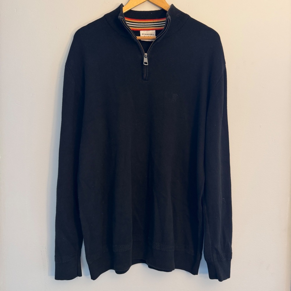 Burberry Mens Black Cotton Quarter Zip Sweater TB Logo XXL Mock Neck Pullover